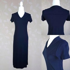 Vintage Y2K Nautical Sailor Collar Slim Stretch Knit Midi Maxi Dress DKNY Blue